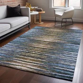 8' X 10' Blue Brown And Gray Striped Washable Area Rug With UV Protection