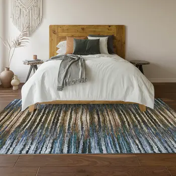 8' X 10' Blue Brown And Gray Striped Washable Area Rug With UV Protection