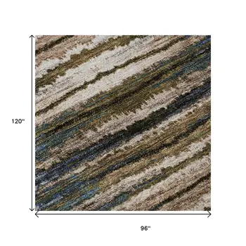 8' X 10' Blue Brown And Gray Striped Washable Area Rug With UV Protection