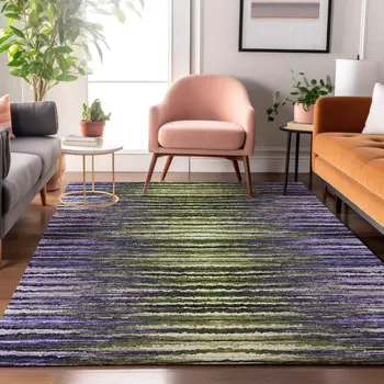 5' X 8' Purple Green And Ivory Striped Washable Area Rug With UV Protection