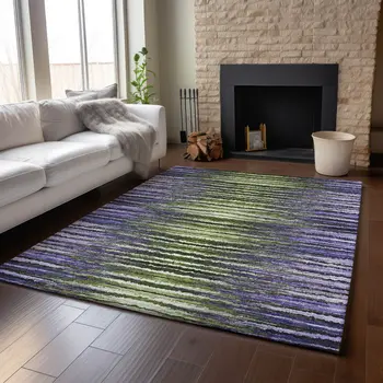 5' X 8' Purple Green And Ivory Striped Washable Area Rug With UV Protection