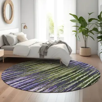 8' Purple Green And Ivory Striped Washable Round Rug With UV Protection