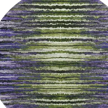 8' Purple Green And Ivory Striped Washable Round Rug With UV Protection