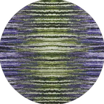 8' Purple Green And Ivory Striped Washable Round Rug With UV Protection