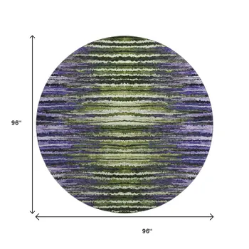 8' Purple Green And Ivory Striped Washable Round Rug With UV Protection