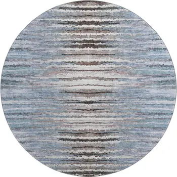 8' Sky Blue Coffee And Ivory Striped Washable Round Rug With UV Protection