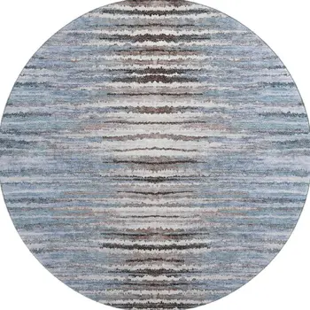 8' Sky Blue Coffee And Ivory Striped Washable Round Rug With UV Protection