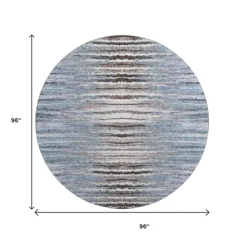 8' Sky Blue Coffee And Ivory Striped Washable Round Rug With UV Protection