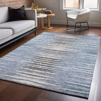 8' X 10' Sky Blue Coffee And Ivory Striped Washable Area Rug With UV Protection