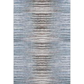 8' X 10' Sky Blue Coffee And Ivory Striped Washable Area Rug With UV Protection