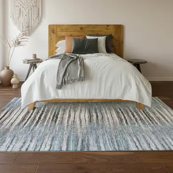 8' X 10' Sky Blue Coffee And Ivory Striped Washable Area Rug With UV Protection