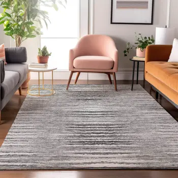 9' X 12' Silver And Gray Striped Washable Area Rug With UV Protection