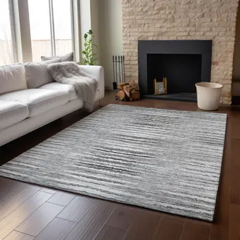 10' X 14' Silver And Gray Striped Washable Area Rug With UV Protection