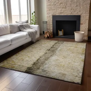 10' X 14' Brown Gray And Ivory Abstract Washable Area Rug With UV Protection