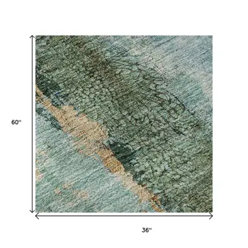3' X 5' Blue Gold And Green Abstract Washable Area Rug With UV Protection