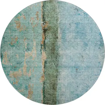 8' Blue Gold And Green Abstract Washable Round Rug With UV Protection