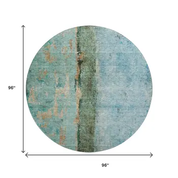 8' Blue Gold And Green Abstract Washable Round Rug With UV Protection