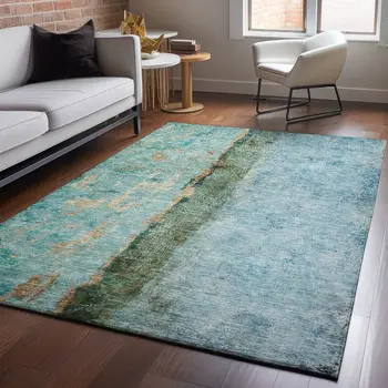 9' X 12' Blue Gold And Green Abstract Washable Area Rug With UV Protection