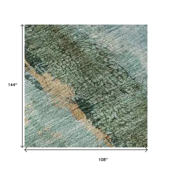 9' X 12' Blue Gold And Green Abstract Washable Area Rug With UV Protection