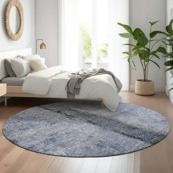 8' Denim Blue Gray And Ivory Abstract Washable Round Rug With UV Protection