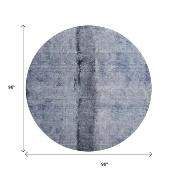 8' Denim Blue Gray And Ivory Abstract Washable Round Rug With UV Protection