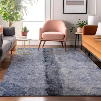 9' X 12' Denim Blue Gray And Ivory Abstract Washable Area Rug With UV Protection