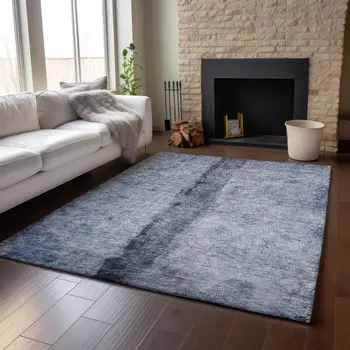 9' X 12' Denim Blue Gray And Ivory Abstract Washable Area Rug With UV Protection