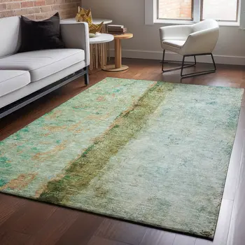 5' X 8' Green Blue And Gold Abstract Washable Area Rug With UV Protection