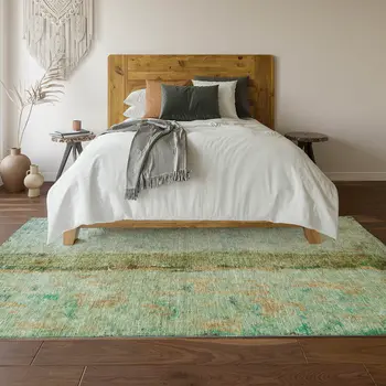 5' X 8' Green Blue And Gold Abstract Washable Area Rug With UV Protection