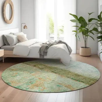 8' Green Blue And Gold Abstract Washable Round Rug With UV Protection