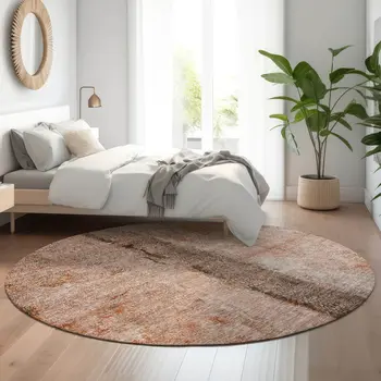 8' Chili Red Brown And Ivory Abstract Washable Round Rug With UV Protection