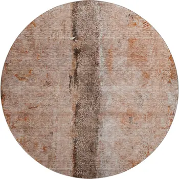 8' Chili Red Brown And Ivory Abstract Washable Round Rug With UV Protection