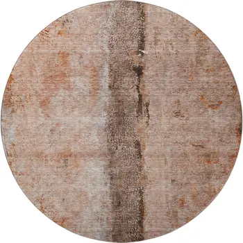 8' Chili Red Brown And Ivory Abstract Washable Round Rug With UV Protection