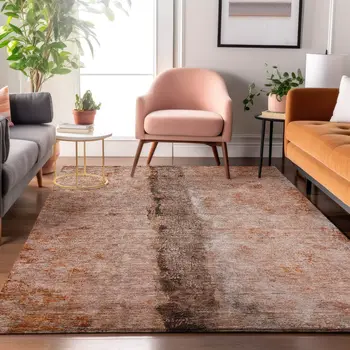 9' X 12' Chili Red Brown And Ivory Abstract Washable Area Rug With UV Protection