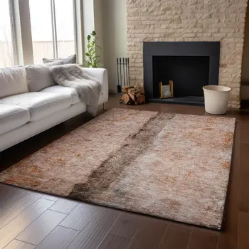 9' X 12' Chili Red Brown And Ivory Abstract Washable Area Rug With UV Protection