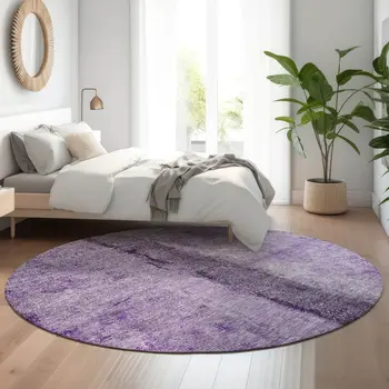 8' Purple Ivory And Gray Abstract Washable Round Rug With UV Protection