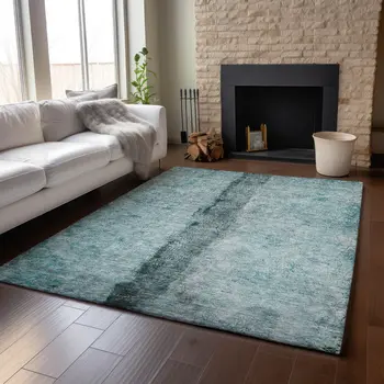3' X 5' Teal Gray And Ivory Abstract Washable Area Rug With UV Protection