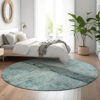 8' Teal Gray And Ivory Abstract Washable Round Rug With UV Protection