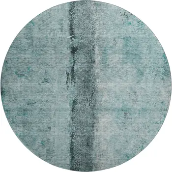 8' Teal Gray And Ivory Abstract Washable Round Rug With UV Protection
