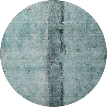 8' Teal Gray And Ivory Abstract Washable Round Rug With UV Protection