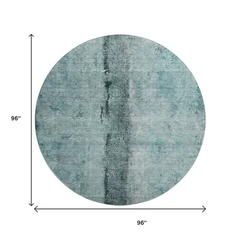 8' Teal Gray And Ivory Abstract Washable Round Rug With UV Protection