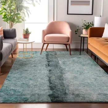 8' X 10' Teal Gray And Ivory Abstract Washable Area Rug With UV Protection