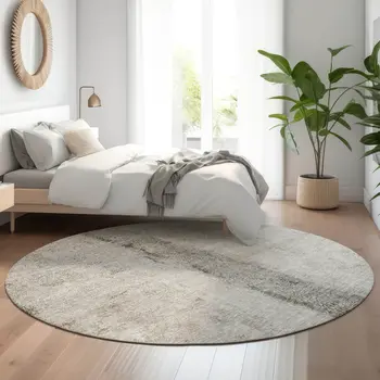 8' Taupe Gray And Ivory Abstract Washable Round Rug With UV Protection