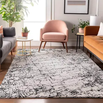 3' X 5' Black And Ivory Abstract Washable Area Rug With UV Protection