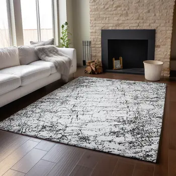 3' X 5' Black And Ivory Abstract Washable Area Rug With UV Protection