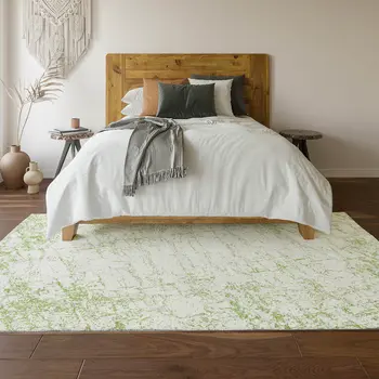 5' X 8' Green And Ivory Abstract Washable Area Rug With UV Protection