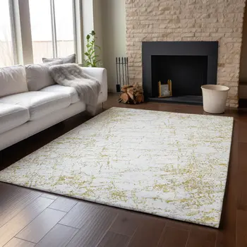 8' X 10' Gold And Ivory Abstract Washable Area Rug With UV Protection