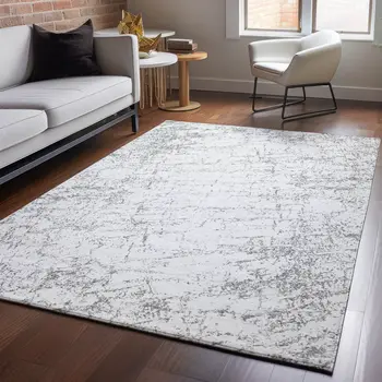 3' X 5' Gray And Ivory Abstract Washable Area Rug With UV Protection