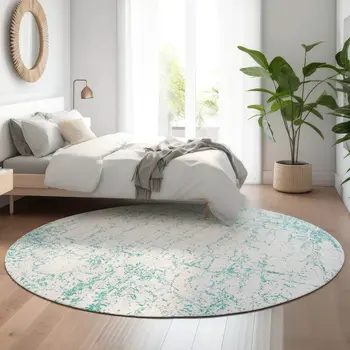 8' Teal And Ivory Abstract Washable Round Rug With UV Protection