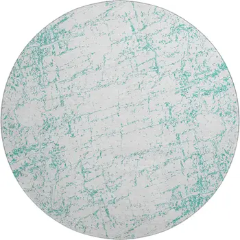 8' Teal And Ivory Abstract Washable Round Rug With UV Protection